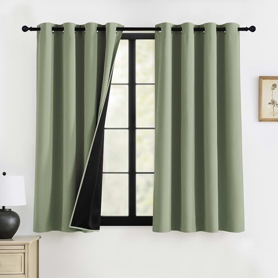 RYB HOME Green Blackout Curtains 63 inches Length, 100% Blackout Thermal Insulated Window Curtains for Bedroom Living Room, 52 inches Wide by 63 inches Long, Light Green, 2 Panels