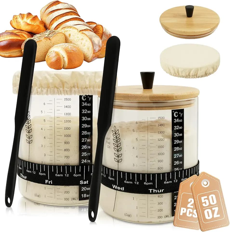 2Pcs 50oz Sourdough Starter Jar, Large Wide Mouth Glass Starter Jar Set