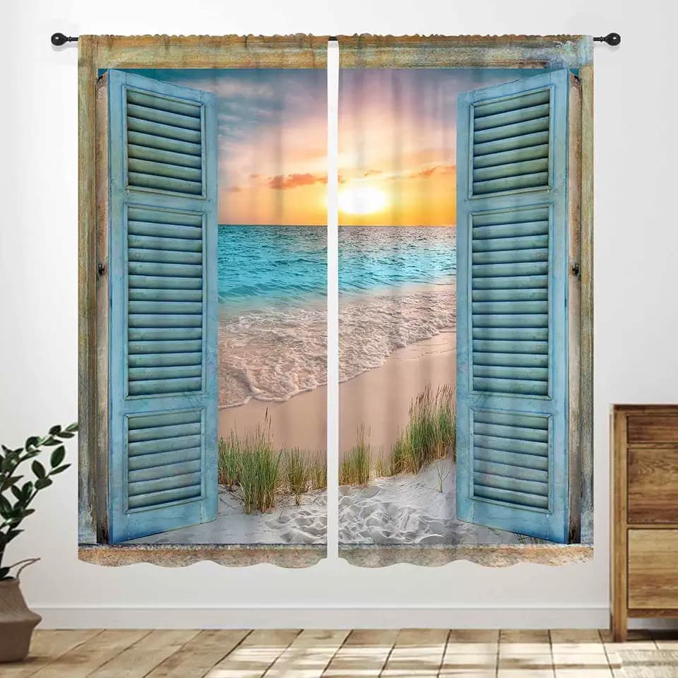 Ocean Beach Curtain,Blue Coastal Seaside Rustic Nautical Sea Scenery Landscape Farmhouse Window Drapery for Bedroom Living Room Bathroom Curtains 2 Panels,42X54 Inch