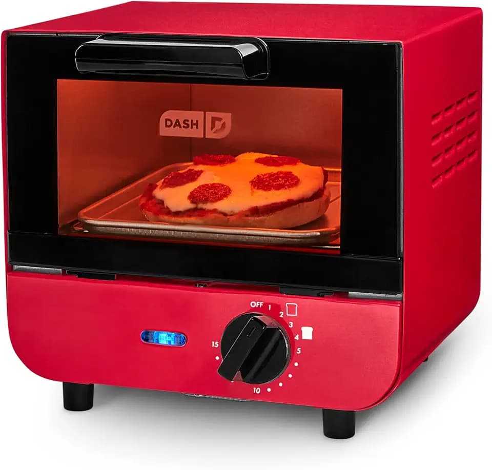 Dash Mini Toaster Oven | Small Toaster Oven for Dorms, Apartments, & Small Kitchens, Adjustable Timer Dial with Auto Shutoff, Removable Cooking Tray & Crumb Catch, Red