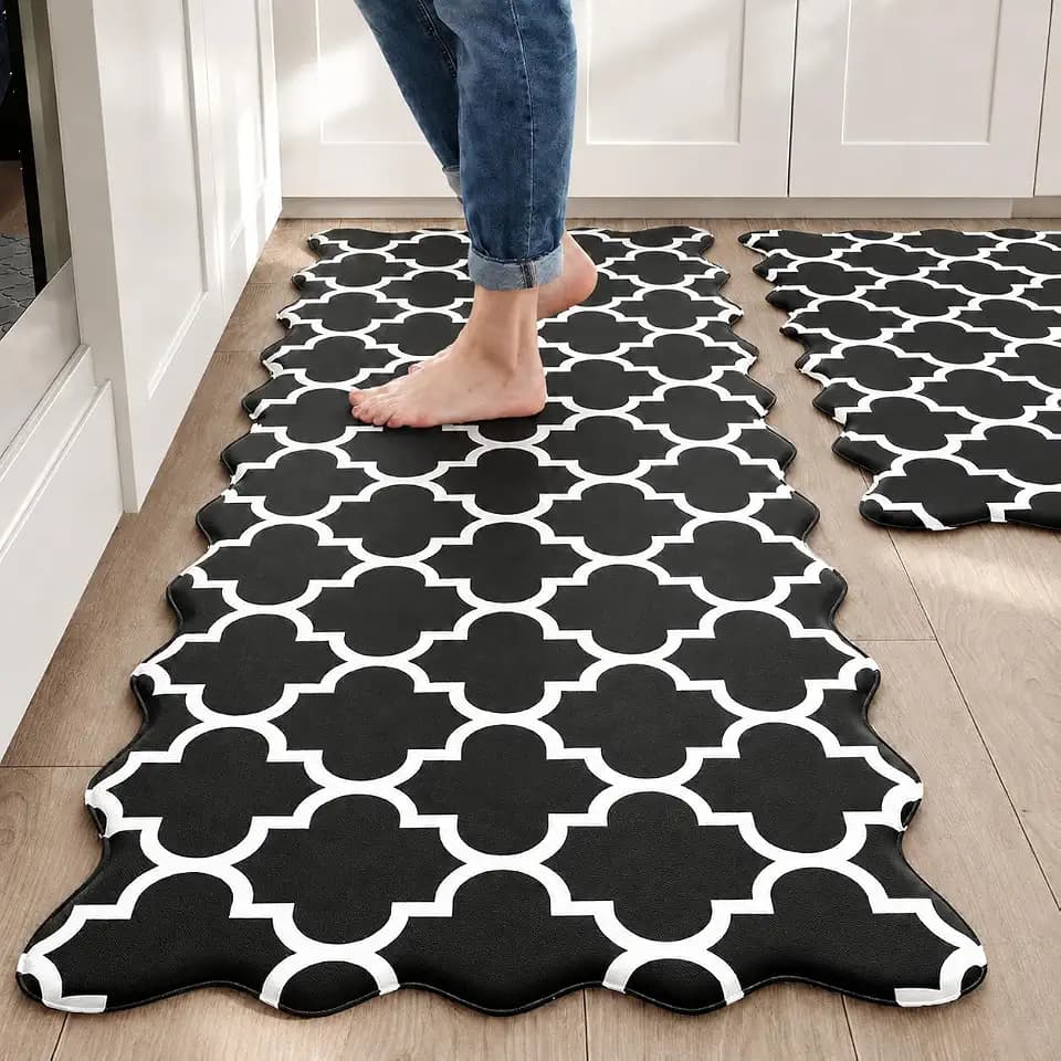 Arenarug Scalloped Kitchen Mats for Floor 2PCS, Black Anti Fatigue Rugs