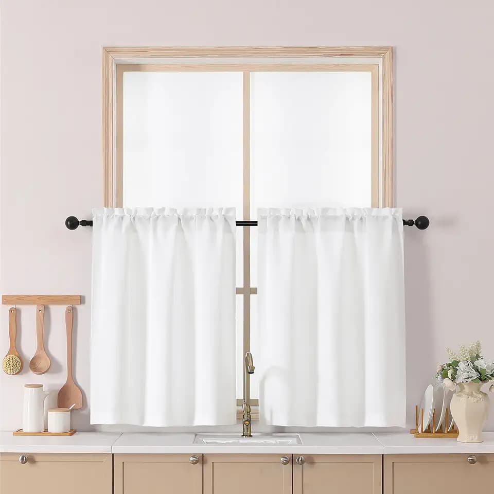 Chyhomenyc White Cafe Curtains 30 Inch Length, Light Filtering Textured Small Curtain Over Sink, Half Window Short Curtains for Cabinet Bathroom Basement RV Camper, 30Wx30L Inch, 2PCS