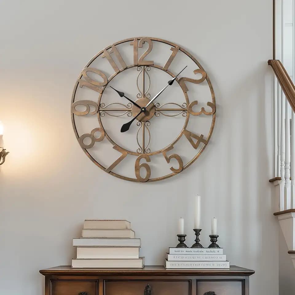 Cuspin 24 Inch Wall Clock Bronze Rustic Decorative, Large Metal Wall Clock