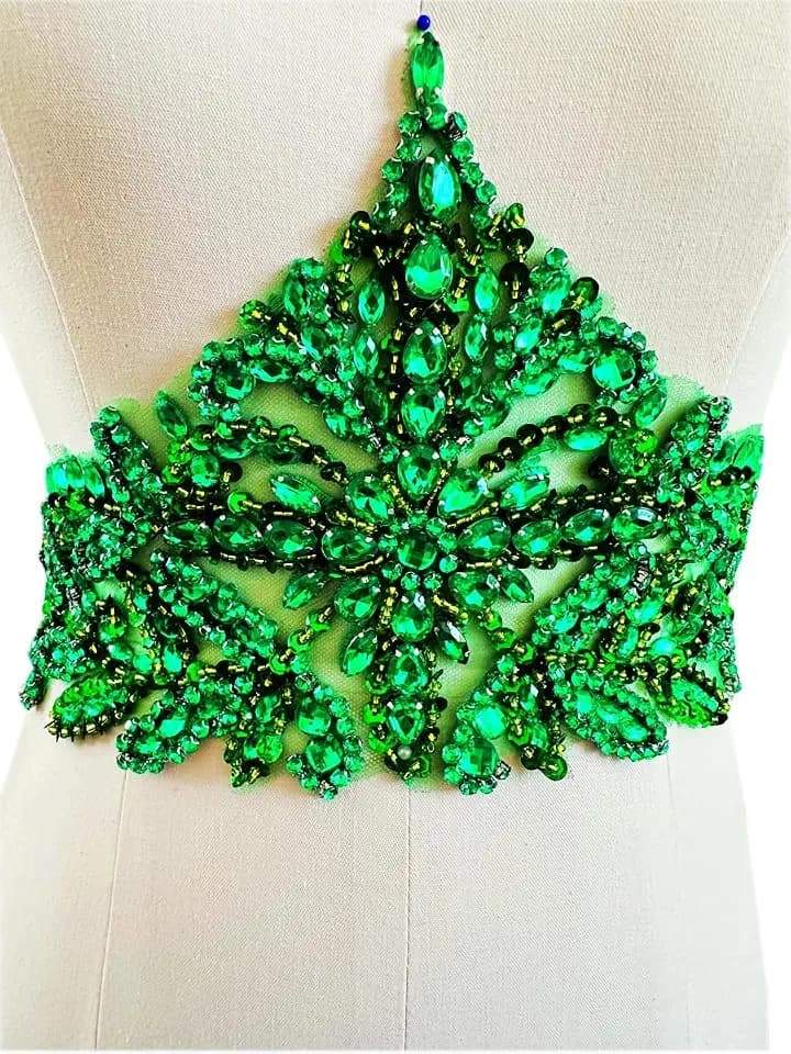Handmade Rhinestones lace Applique sew on Beads Sequins Patches Accessories for Dress Clothing Waist Trim (LightGreen)