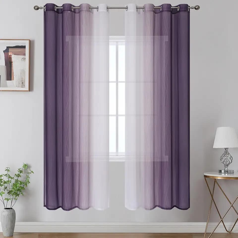 Purple and White Ombre Semi Sheer Curtains for Living Room 52x72 Inch Long