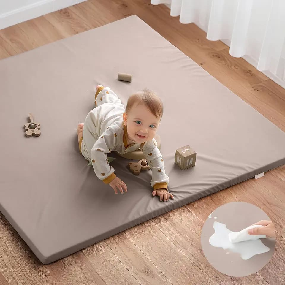 Blissful Diary Vegan Leather Baby Play Mat, 47''x47'', Taupe