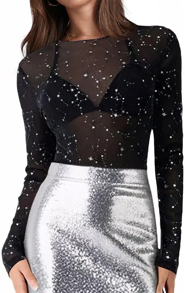 WIHOLL Womens Mesh Sheer Tops Sexy Crew Neck Summer Loose FIt Party Clubwear Shirts