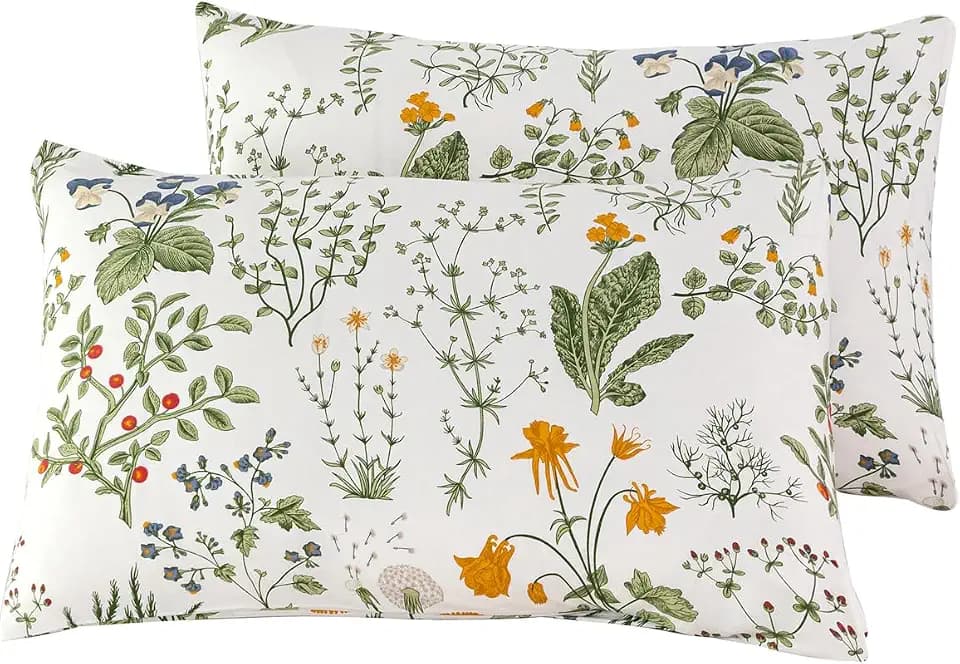 SUSYBAO Green Botanical Pillow Cases Set of 2 Queen Size 100% Cotton Yellow Floral Pillowcases with Envelope Closure Blue and White Flower Patterned Bed Pillow Covers Soft (2 Pack, 20 in x 26 in)