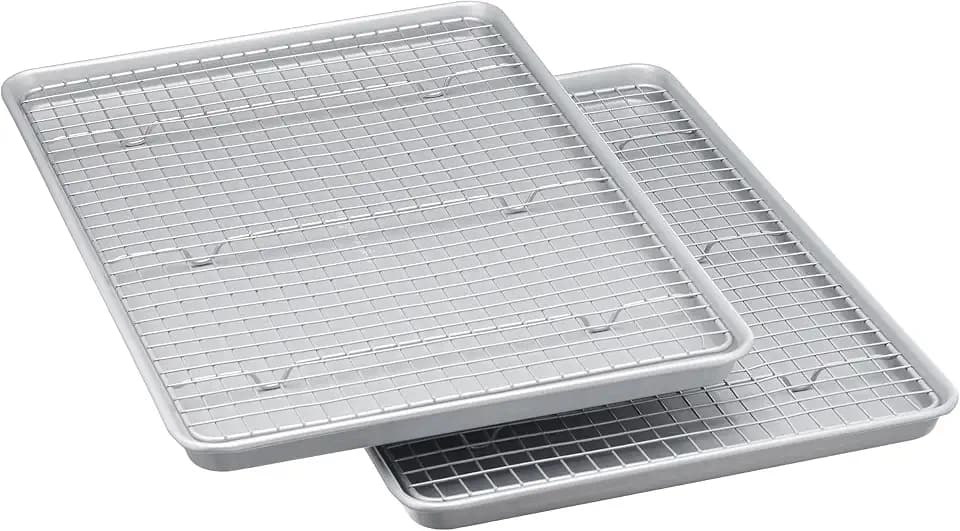Amazon Basics Ceramic Nonstick Baking Sheets & Cooling Rack Set, Dishwasher Safe, Oven Safe, Half Sheet Size, Gray, 2-Pack