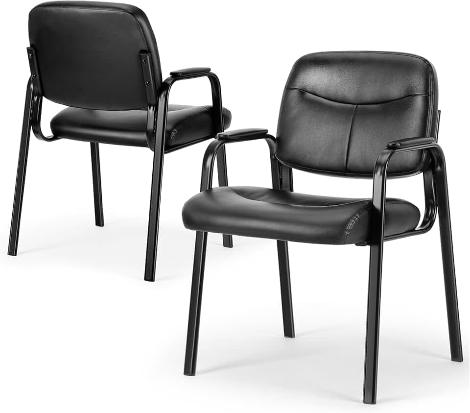 Simple Deluxe 2pcs Office Reception Guest Chair with Leather Padded Arm Rest, Comfort Waiting Seat Suitable for Lobby & Home Desk Side, Ergonomic Lounge Chair Designed for Seniors, Black