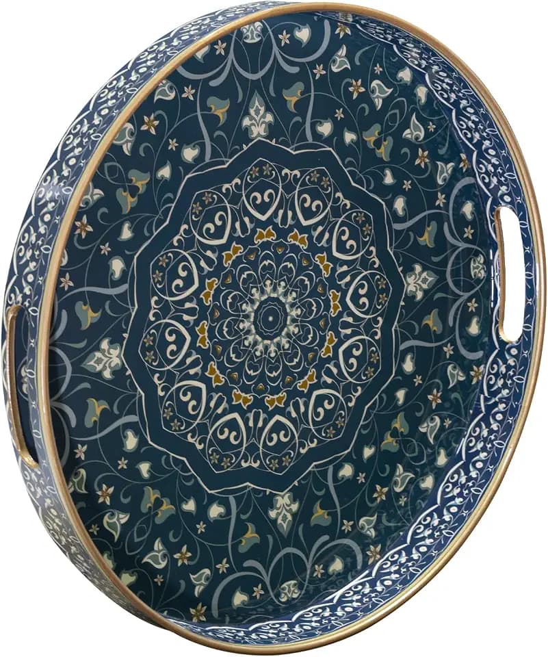 MAONAME Plastic Serving Tray with Handles, 13" Boho Round Tray, Dark Green