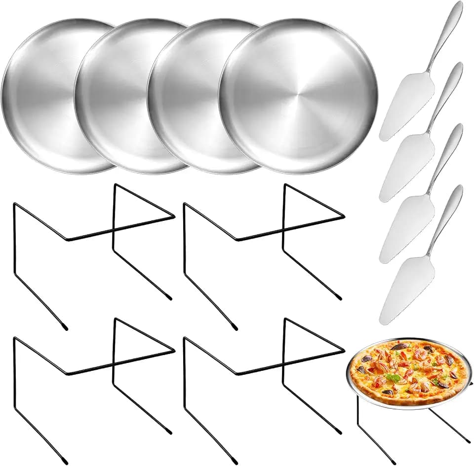 GRETJOB 12 Pcs Pizza Pan Riser Stand Set, 4 Metal Pizza Table Stands + 4 Nonstick Pizza Pans + 4 Pie Servers, Pizza Rack & Tray for Baking, Dessert, Cheese, Party, and Restaurant Use (Silver)