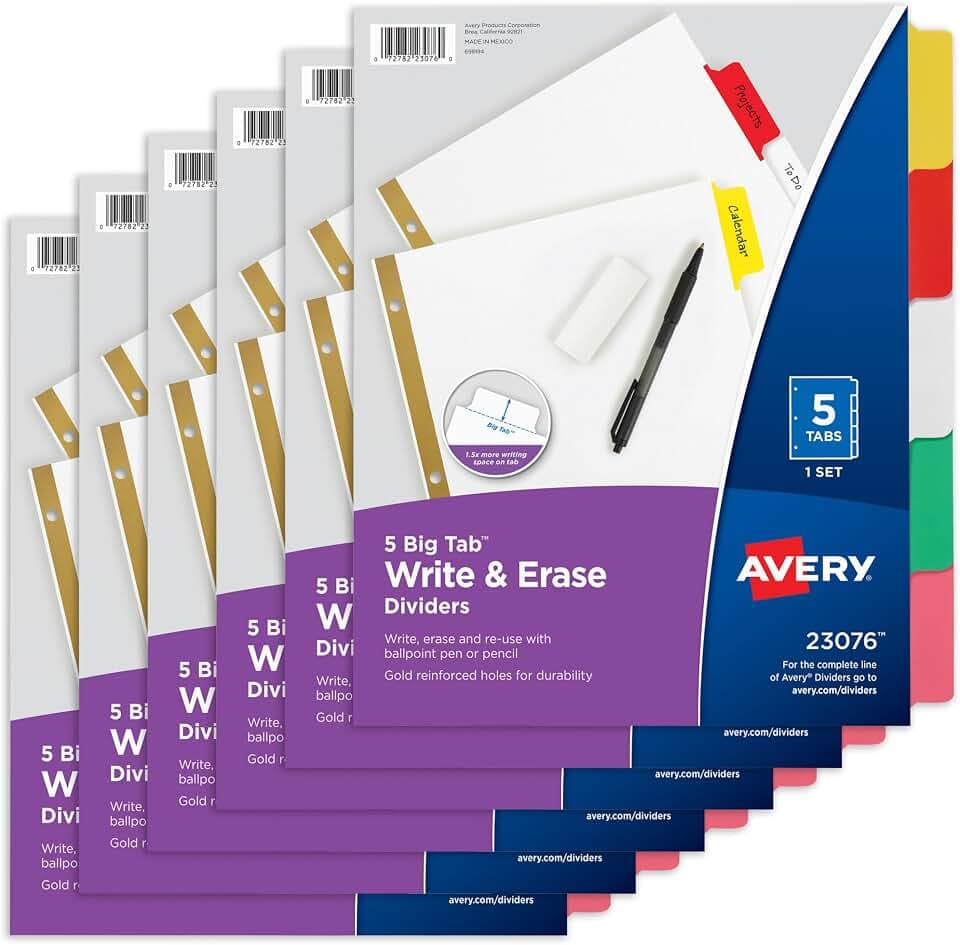 Avery® Big Tab Write & Erase Dividers, 5-Tab, Multicolor, 6 Sets