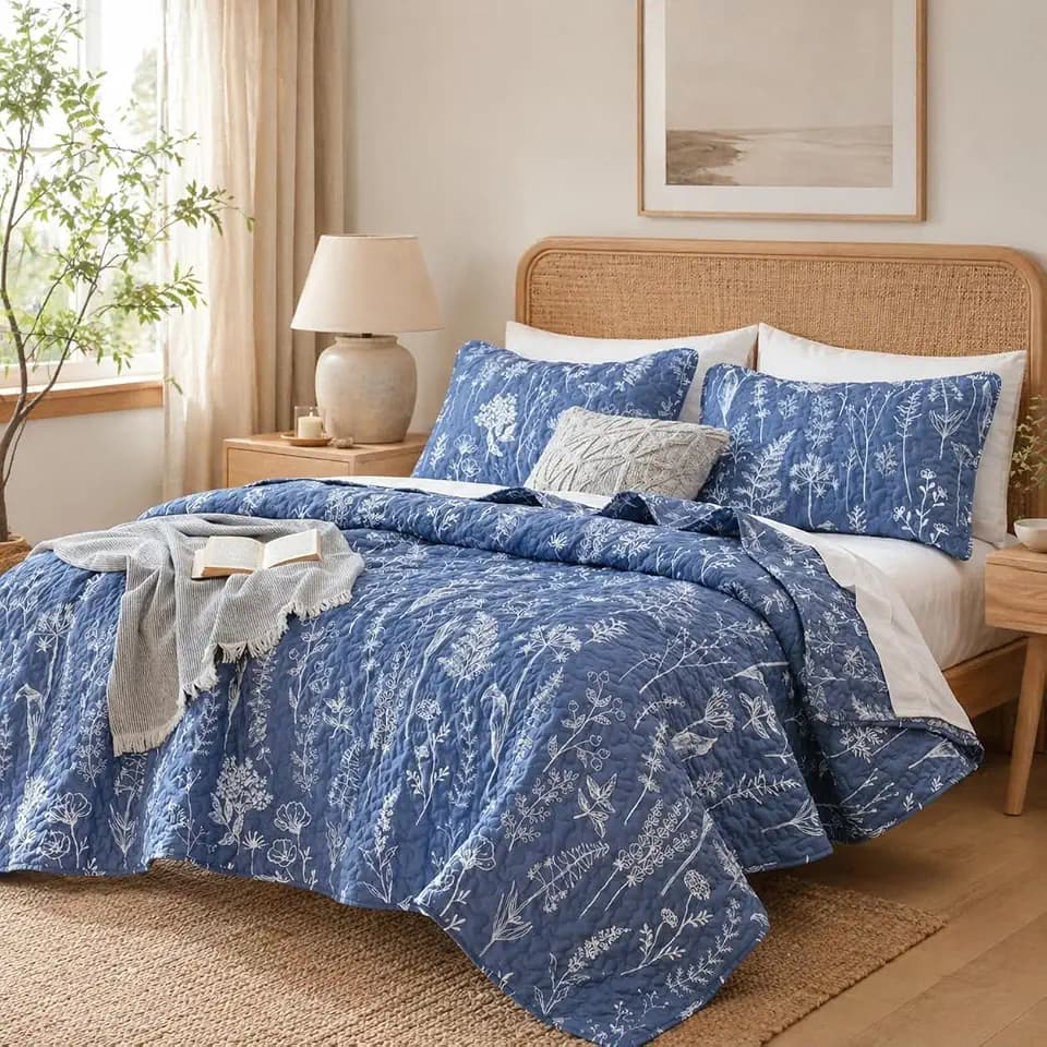 JANZAA Quilt King Size, Infinity Blue Bedspread Floral Bedding Set 3 Pieces