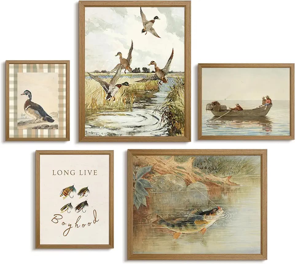 Vintage Nursery Wall Art Decor Baby Boy Room Canvas Prints Fishing Hunting Nursery Wall Decor Mallard Duck Pictures Rustic Farmhouse Poster Artwork for Bedroom 8x10x5 Inch Framed