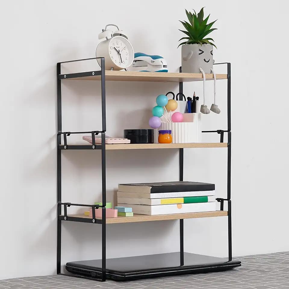 YGYQZ Desk Shelf Organizer for Top of Desk, 3-Tier Desktop Bookshelf, Black & Wood