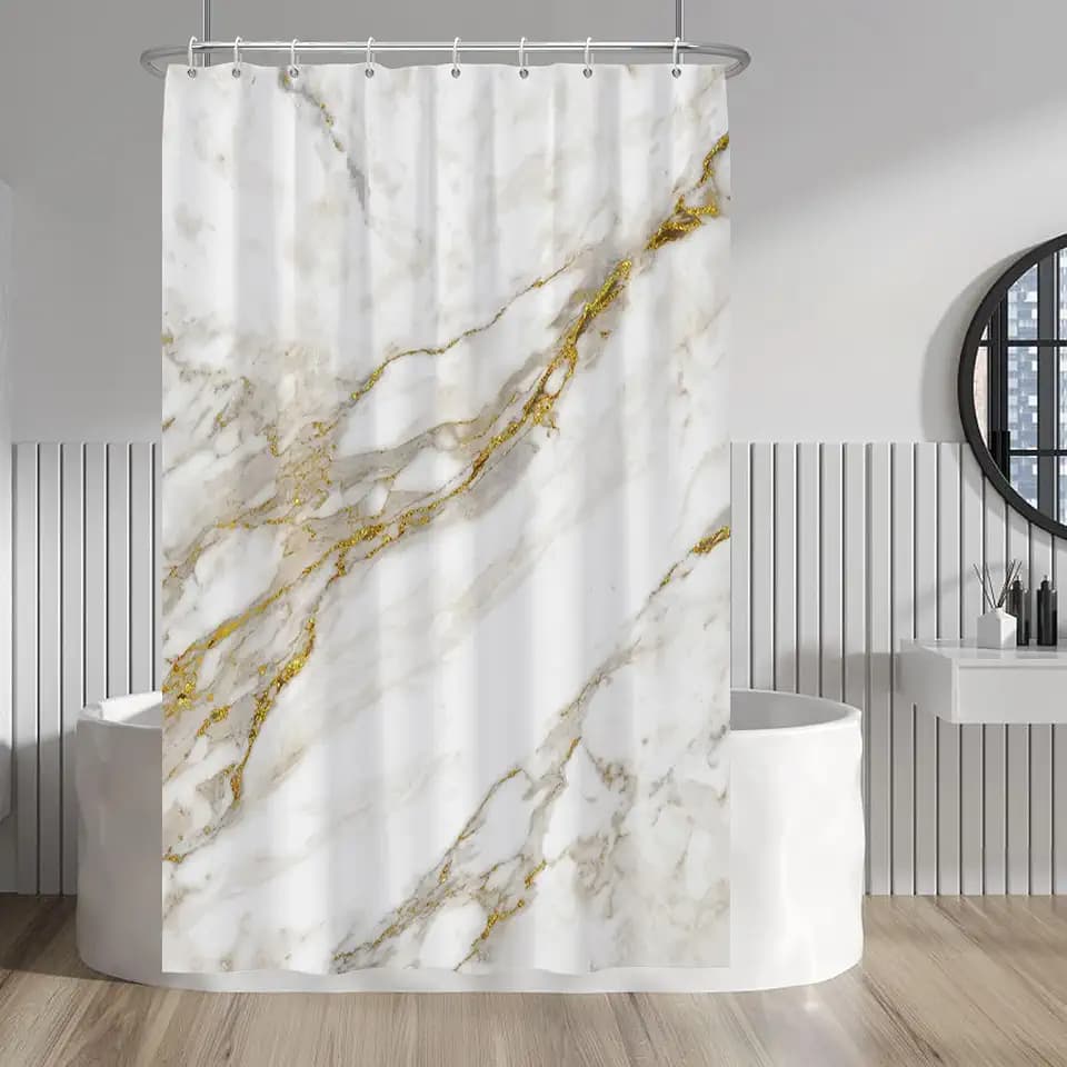 White Marble Shower Curtain Gold Texture Luxury Modern Abstract Shower Curtains for Bathroom Home Bathtubs Decor Waterproof Fabric Shower Curtain with Hooks 48x72 Inches