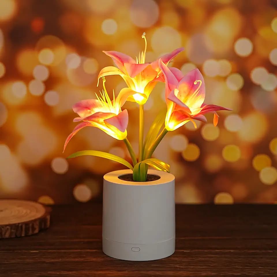 WSYEAR Pink Morning Glory Flowers Table Lamp, Charging Dimmable Cordless Artificial Flower Night Light, Bedroom Office Decor Night Light, Christmas Birthday Gifts for Women Mom