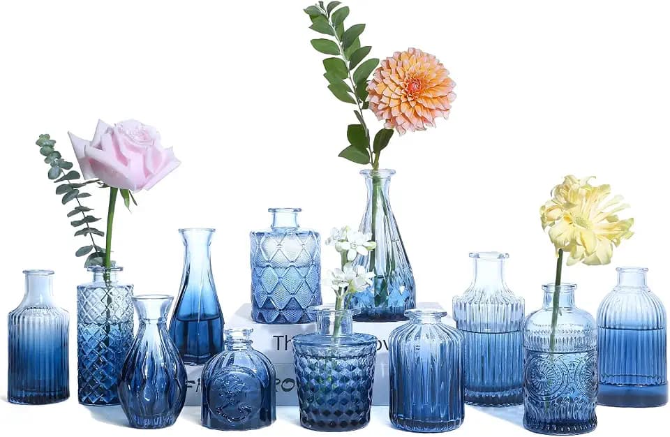 UPBUD Glass Blue Bud Vases Set of 12, Mini Vases for Flowers