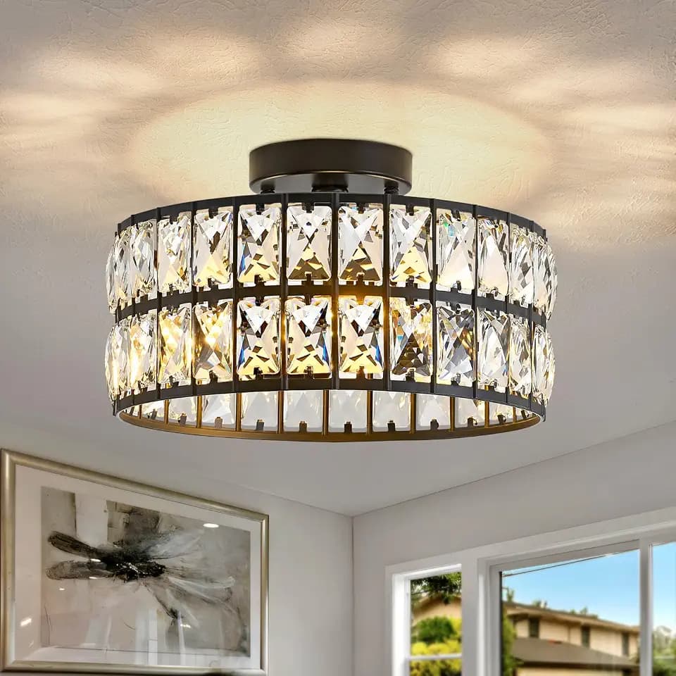 3-Light Black Modern Crystal Bedroom Light Fixtures Ceiling
