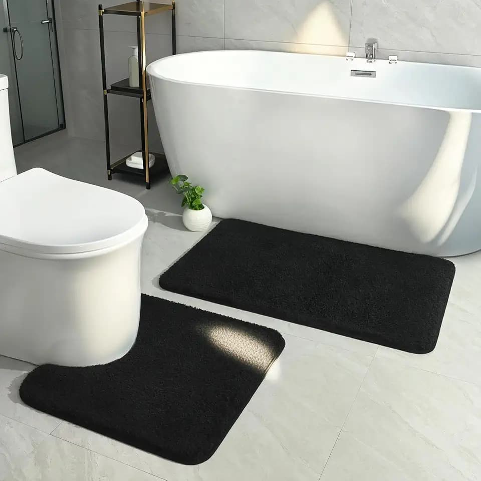 Black Bathroom Rug Set 2 Piece Bath Mat 21x34'' &U Shape Toilet Rug 21x21''