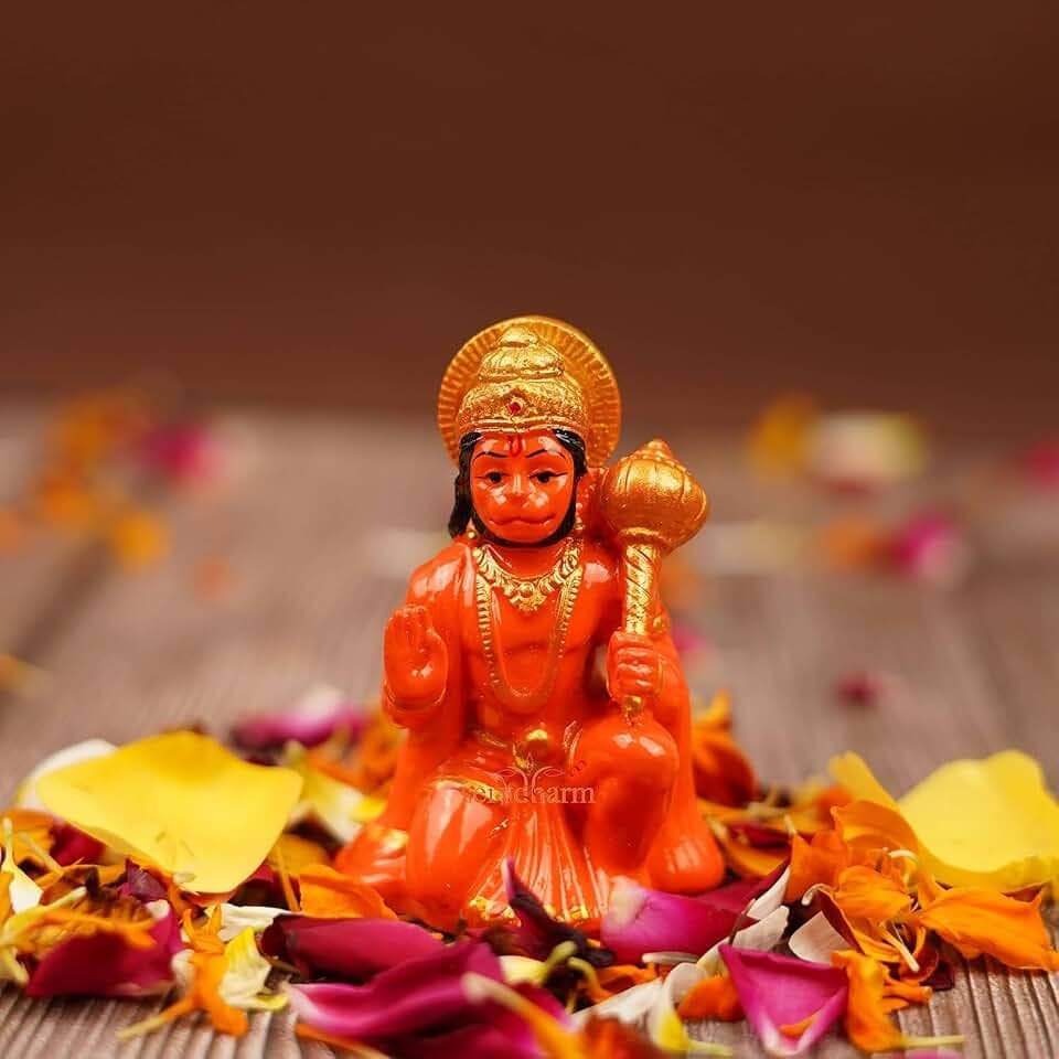 Export Store Orange Hanuman Idol with Gada – Sitting Lord Bajrangbali Sankat Mochan Statue for Home Temple, Car Dashboard & Gift Decor, 3.1 Inches.