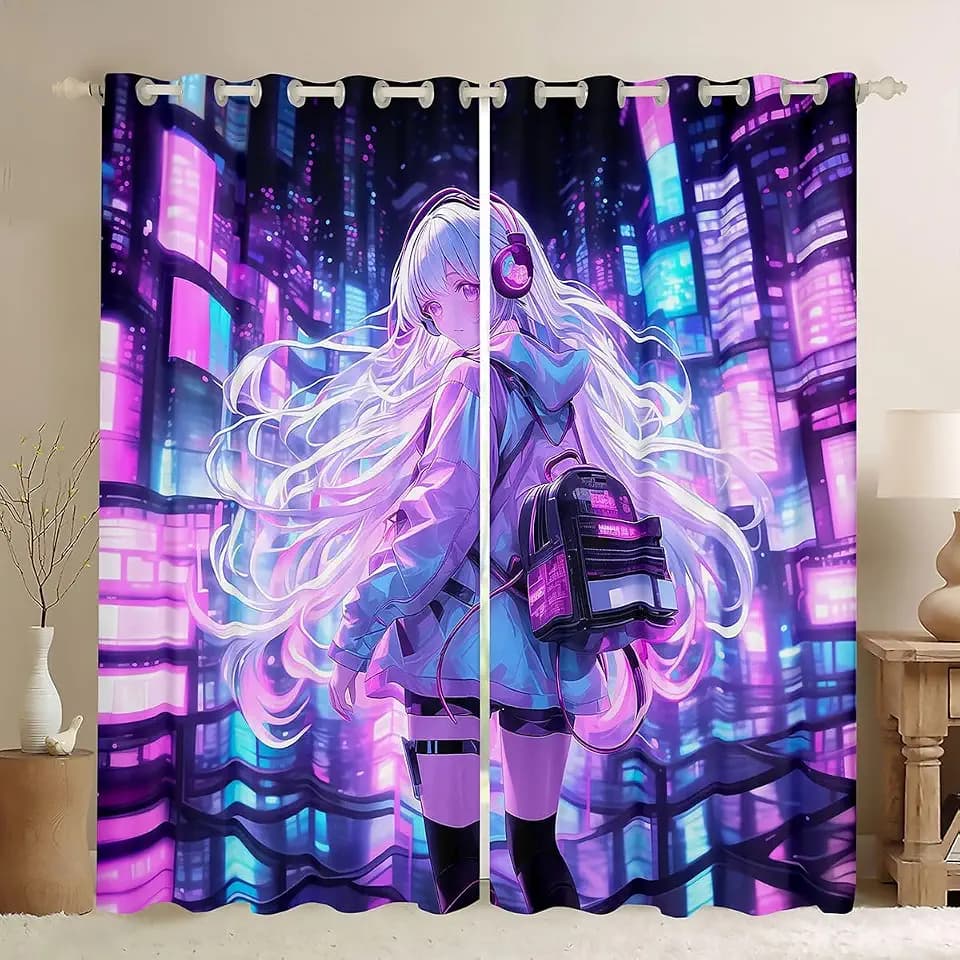 Erosebridal Japanese Girl Window Treatments Girly Anime 42" Wx63 L Window Curtain for Kids,Sci Fi Style Gaming Curtain Room Decor,3D Cartoon Anime Girl Curtains & Drapes
