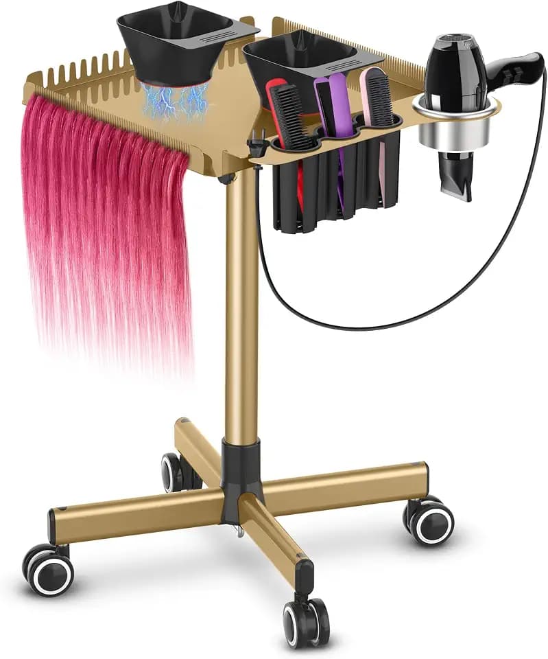 TASALON Gold Salon Tray on Wheels – Salon Rolling Tray Set with Magnetic Hair Dye Bowl, Heat-Resistant Tool Rack, Hair Extension Holder for Styling, Rolling Tool Cart & Hair Salon Station Organizer