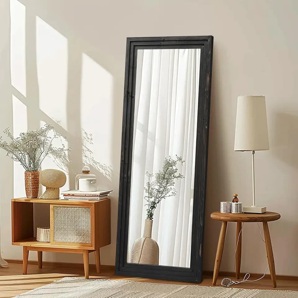 58x22in Full Length Mirror, 3-Tier Stepped Solid Wood Frame, Black