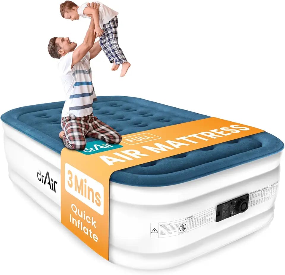 Dr. air Full Air Mattress with Built-in Pump, 18” Raised Blow Up Mattress - 600 lbs Max Honeycomb Design, 3-Min Inflation, Waterproof Velvety Top, Ideal for Home, Guests & Camping, Colchon Inflable