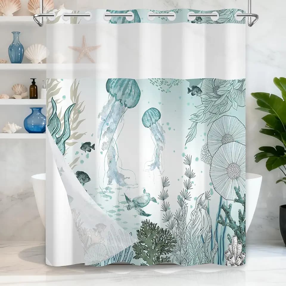 Nautical Teal Jellyfish Shower Curtains for Bathroom, Waterproof Double Layers Fabric No Hook Shower Curtain and Liner Set, Ocean Beach Coastal Coral Bath Curtains and Weighted Hem, 71" W x 74" L