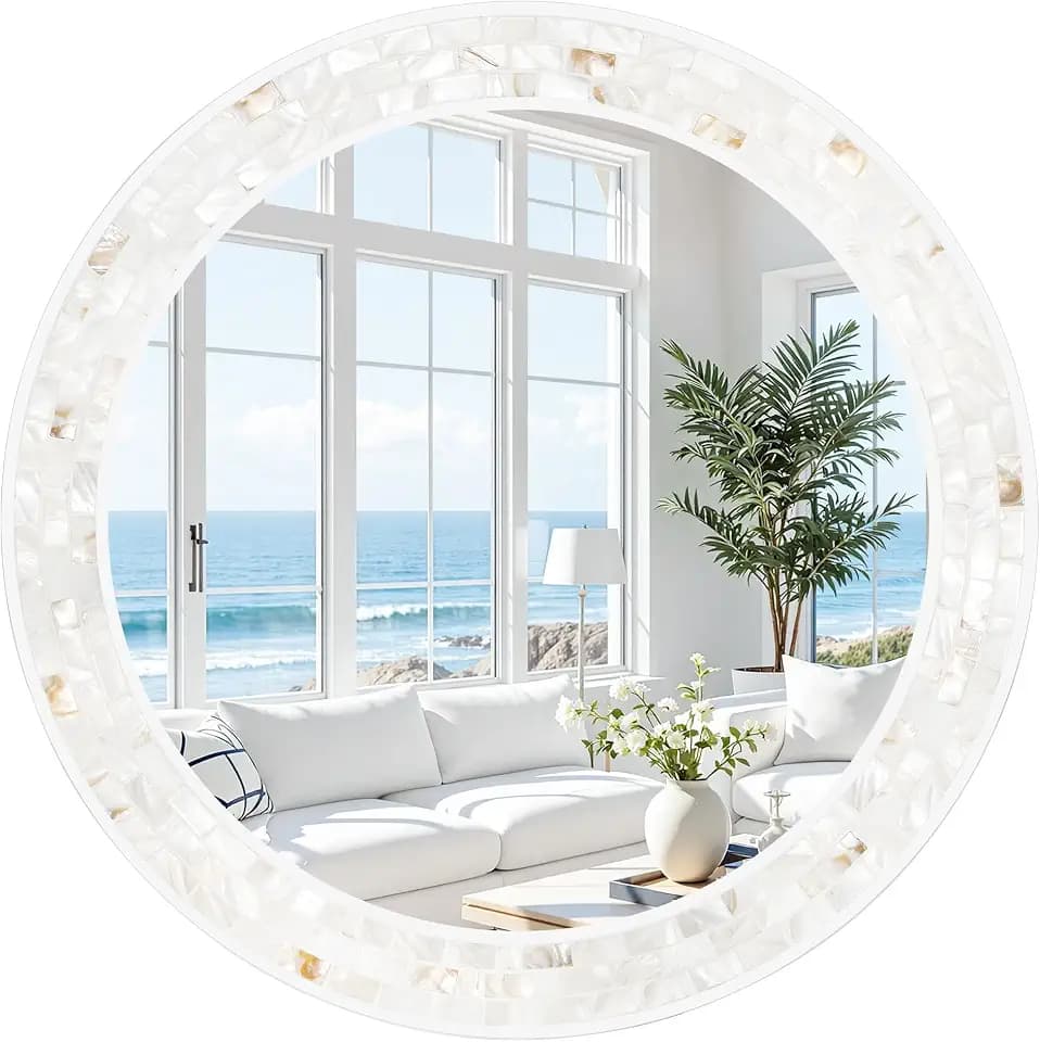 Tanmicoshomy Round Bathroom Mirror 30 Inch with Coastal Mosaic Shell Frame