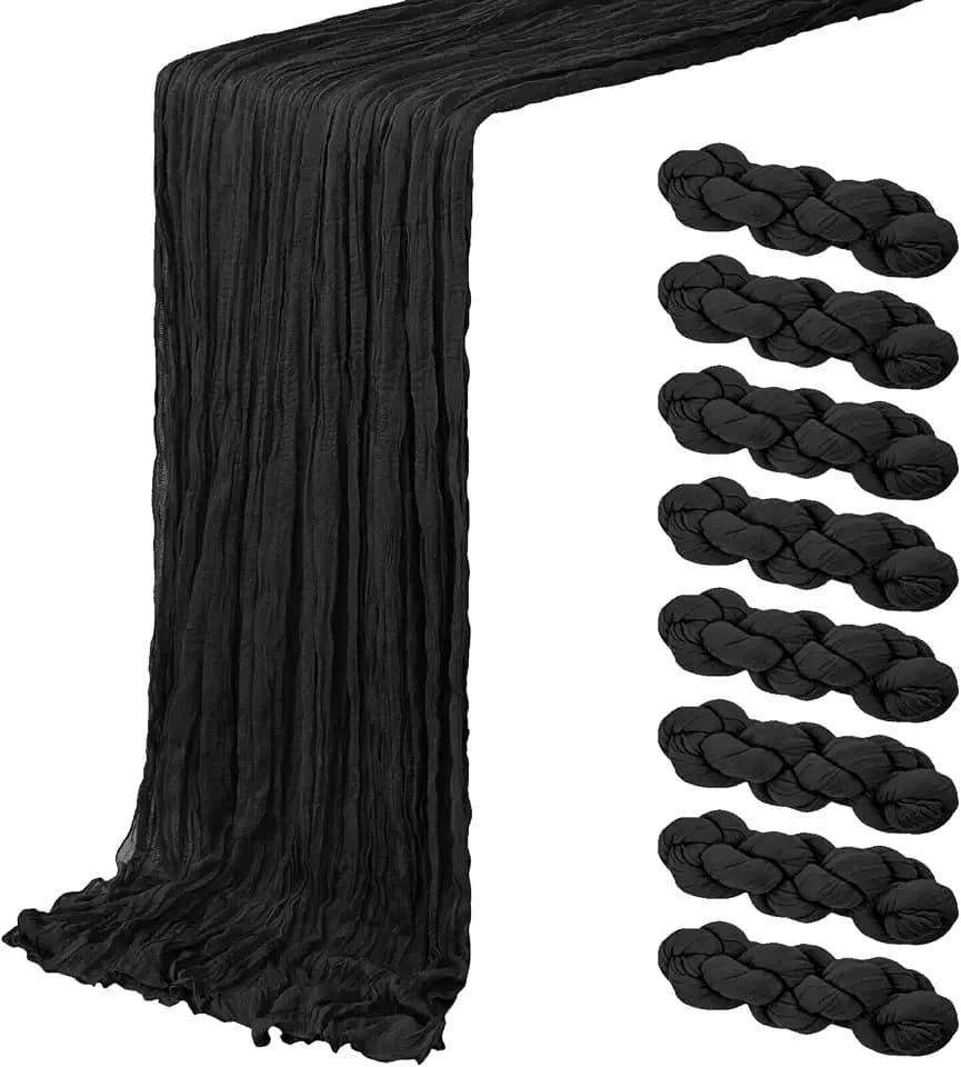 8 Pack Black Cheesecloth Table Runner 20 x 120 inch Gauze Table Runners 10 FT Long,Semi Sheer Boho Cheese Cloth Fabric Table Runner Bulk for Wedding,Party,Baby Shower,Bridal Shower Decoration