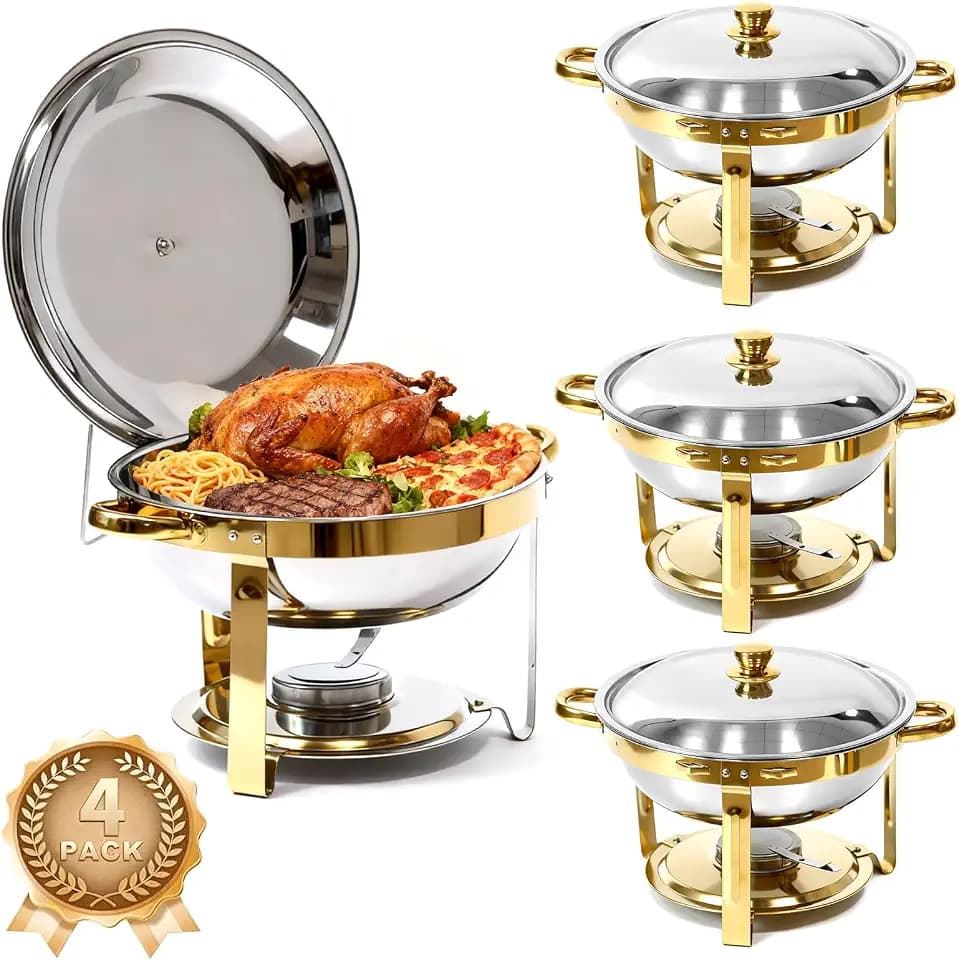4-Pack Chafing Dish for Buffet Set, 6QT Round 304 Stainless Steel Complete Buffet Warmer – Includes Lids, Water Pans, Folding Stands & Clips for Catering, Events, Parties,Gold