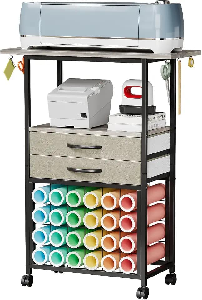 VENNQD Organizer and Storage Stand Compatible with Cricut Machines,Rolling Storage Cart/Shelf with 24 Vinyl Roll Holders,2 Fabric Drawer,Accessories Holder,Tool Hook for Craft Room Home (Greige)