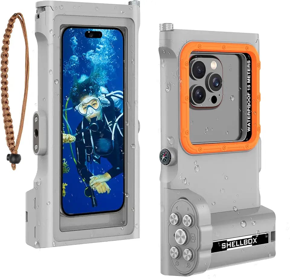 Bluetooth Diving Phone Case, 50FT IP68 Underwater Waterproof Housing for iPhone 17 (Standard), 16/15/14/13/12/11 Pro Max & Galaxy S25/S24/S23/S22, Screen Protector Friendly - Grey + Orange