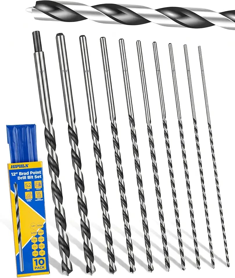 12” Extra Long Drill Bit Set, 10PCS Brad Point Drill Bits for Wood for Precise Woodworking with Laser Marks & Storage Case (1/8", 5/32", 3/16", 1/4", 5/16" 3/8", 7/16", and 1/2")