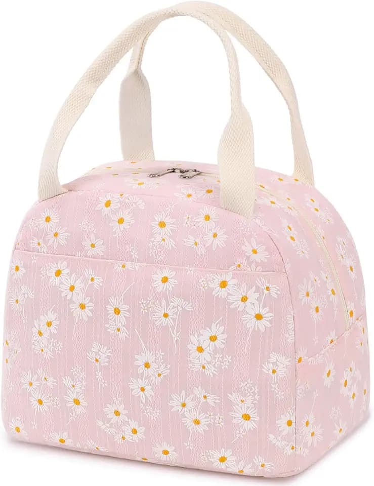 Bluboon Lunch Box for Women Cute Lunch Bag Reusable Insulated Lunch Bags Large Capacity Lunchbox Cooler for Work Picnic or Travel Gifts (White daisies pink, 10 x 7.5 x 8 inches)