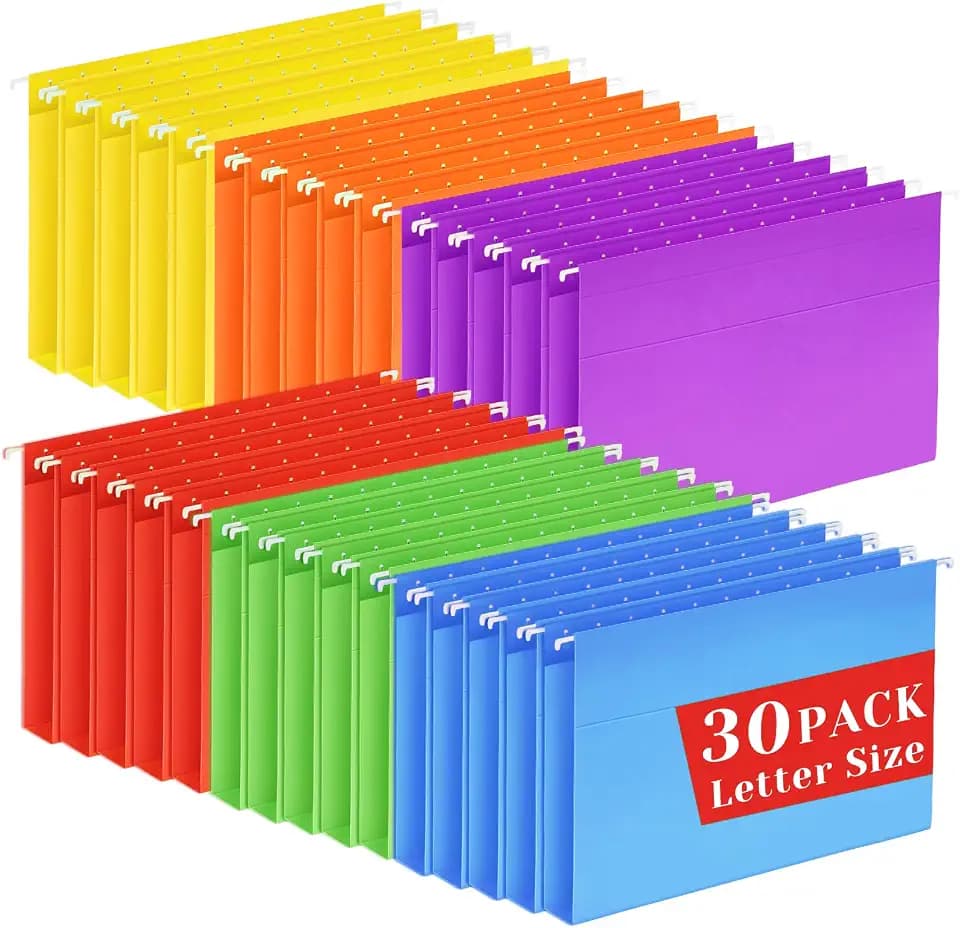 30 Pack Hanging File Folders Letter Size, Colored Hanging Folders with 1/5-Cut Adjustable Tab, Extra Capacity Hanging File Folders, 1 Inch Expansion, Perfect Office, Home, Classroom Supplies
