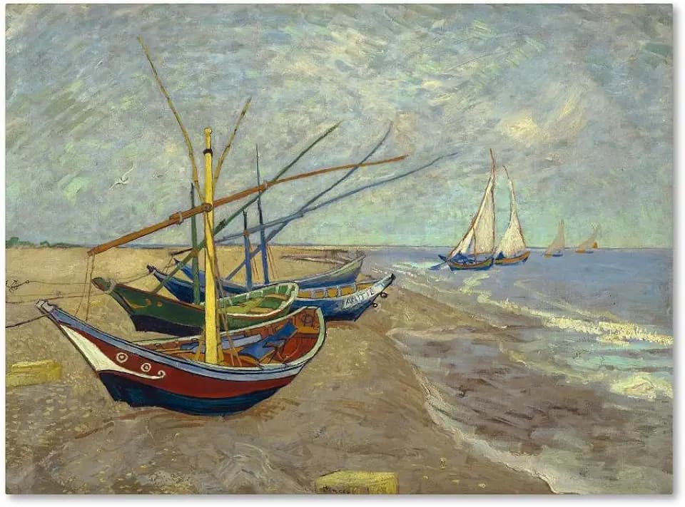 Trademark Fine Art Canvas Wall Art - Vincent Van Gogh 'Fishing Boats on the Beach' Wall Art for Living Room, Bedroom, or Office Décor