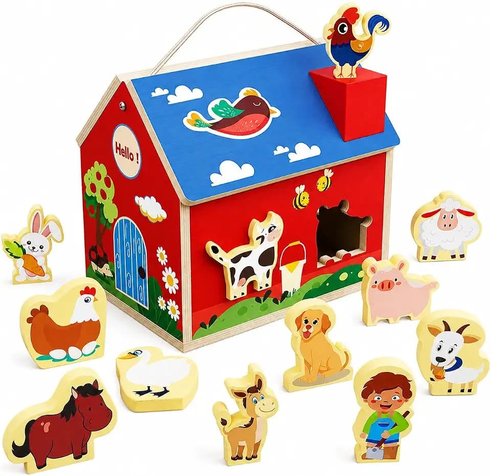 Wooden Barn Shape Sorter Montessori Farm Animal Toys for Toddlers, Educational Pretend Play Barn with Flip-Open Roof & Handle, 12 Animal Blocks, Birthday for 2-4 Boys Girls