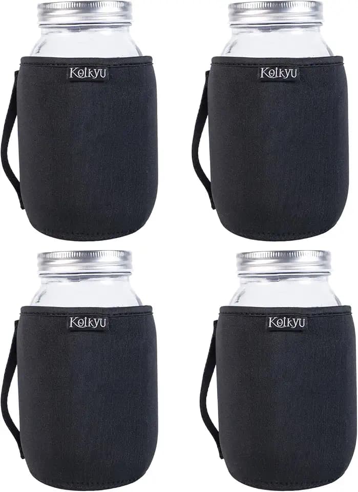 32oz Mason Jars Sleeves Neoprene 32oz Regular and Wide Mouth Mason Jar Sleeves Holder with Handle (Black, 4pcs)