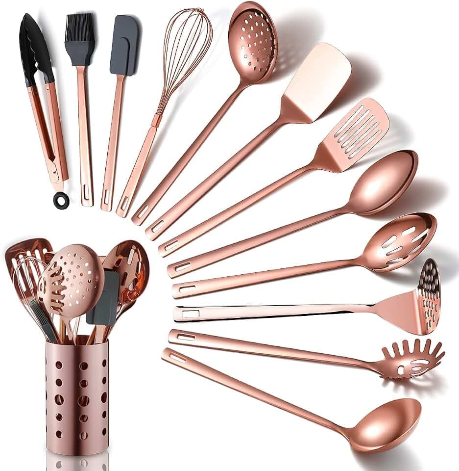 Copper Kitchen Utensils Set,13 Pieces Stainless Steel Cooking Utensils Set With Titanium Rose Gold Plating,Kitchen Tools Set With Utensil Holder For Non-Stick Cookware Dishwasher Safe (13 Packs)