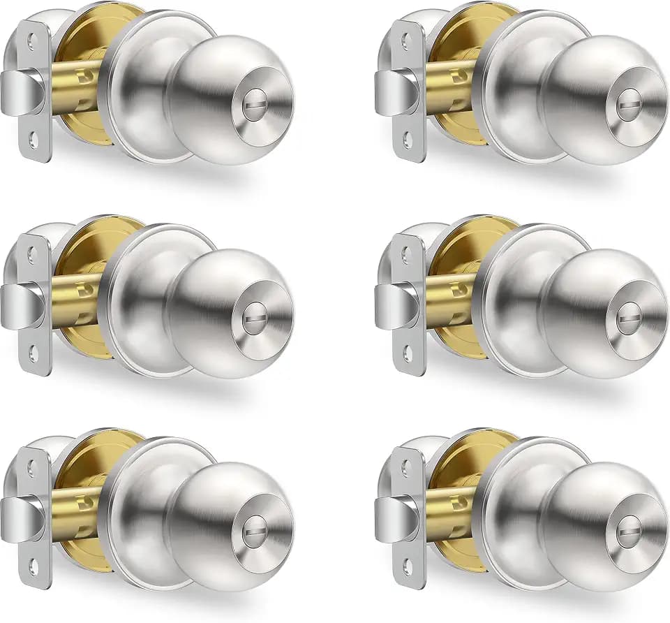 Plustool 6 Pack Privacy Door Knobs Interior, Satin Nickel Doorknob with Lock -ANSI Grade-3 Certified, Keyless Door Locks for Bedroom,Bathroom, Modern Heavy Duty Handle with Round Ball, Easy to Install