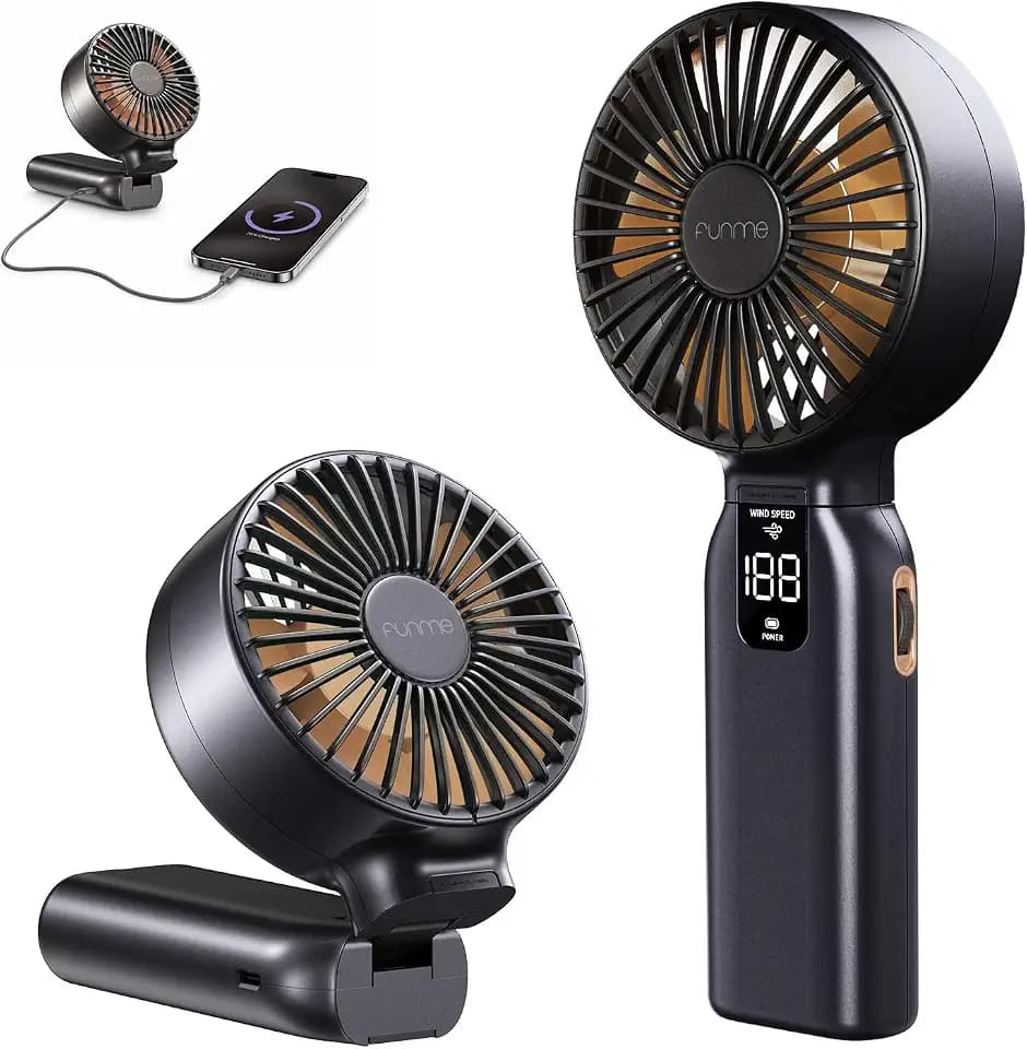 Funme Portable Handheld Fan, 10000mAh Personal Fan with Power Bank, 1-100 Speed Scroll Wheel Control, 46H Max Cooling&Storm Mode, LED Display, Metal Body, Foldable Desk Fan for Travel office, Pink