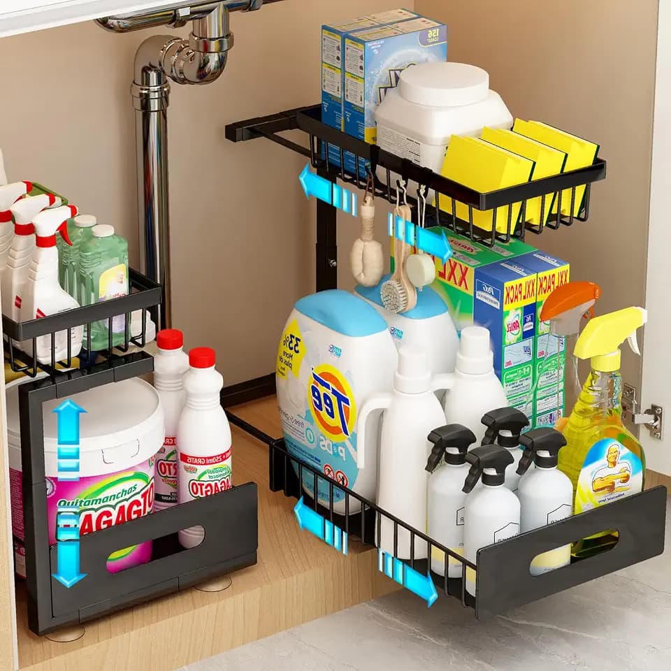 Adoymiro Under Sink Organizer, Adjustable Shelves, 2 Pack Pull Out Cabinet Organizer Slide Out Sink Shelf Cabinet Storage Shelves, Under Sink Storage for Kitchen Bathroom Cabinet