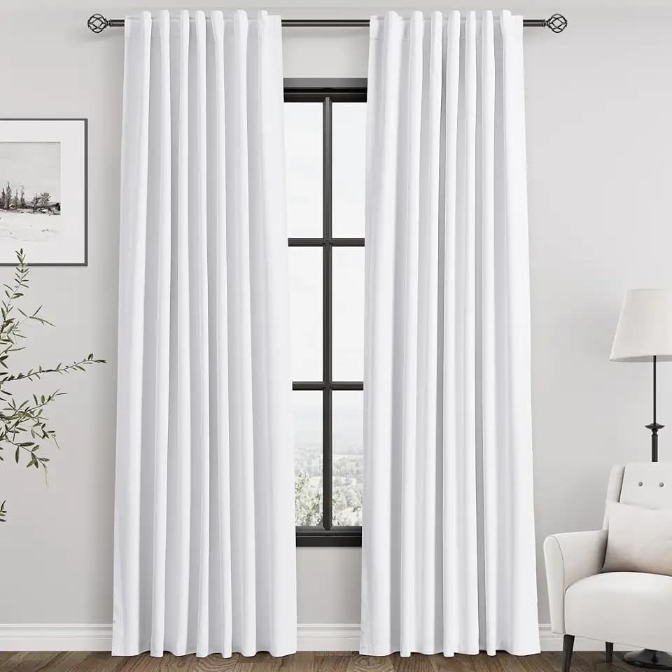 Nanspring White 100% Blackout Linen Curtains for Bedroom 94 Inches Long Back Tab Thermal Insulated Modern Farmhouse Decor Black Out Curtain for Living Room Dining Room Neutral Drapes 52x94, 2 Panels
