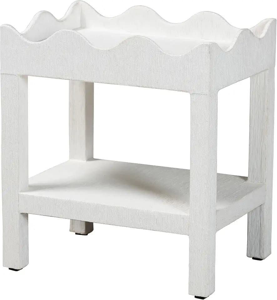 Bali & pari Sebastian Grasscloth Scalloped End Table - 2-Tier Accent Table with Open Shelf Storage for Living Room, Bedroom, or Entryway, White