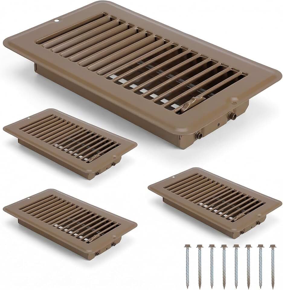 4 Pack 4x8 Inch RV Floor Vent Covers, Heavy Duty Steel Walkable RV Floor Register with Adjustable Airflow (Matte Brown)