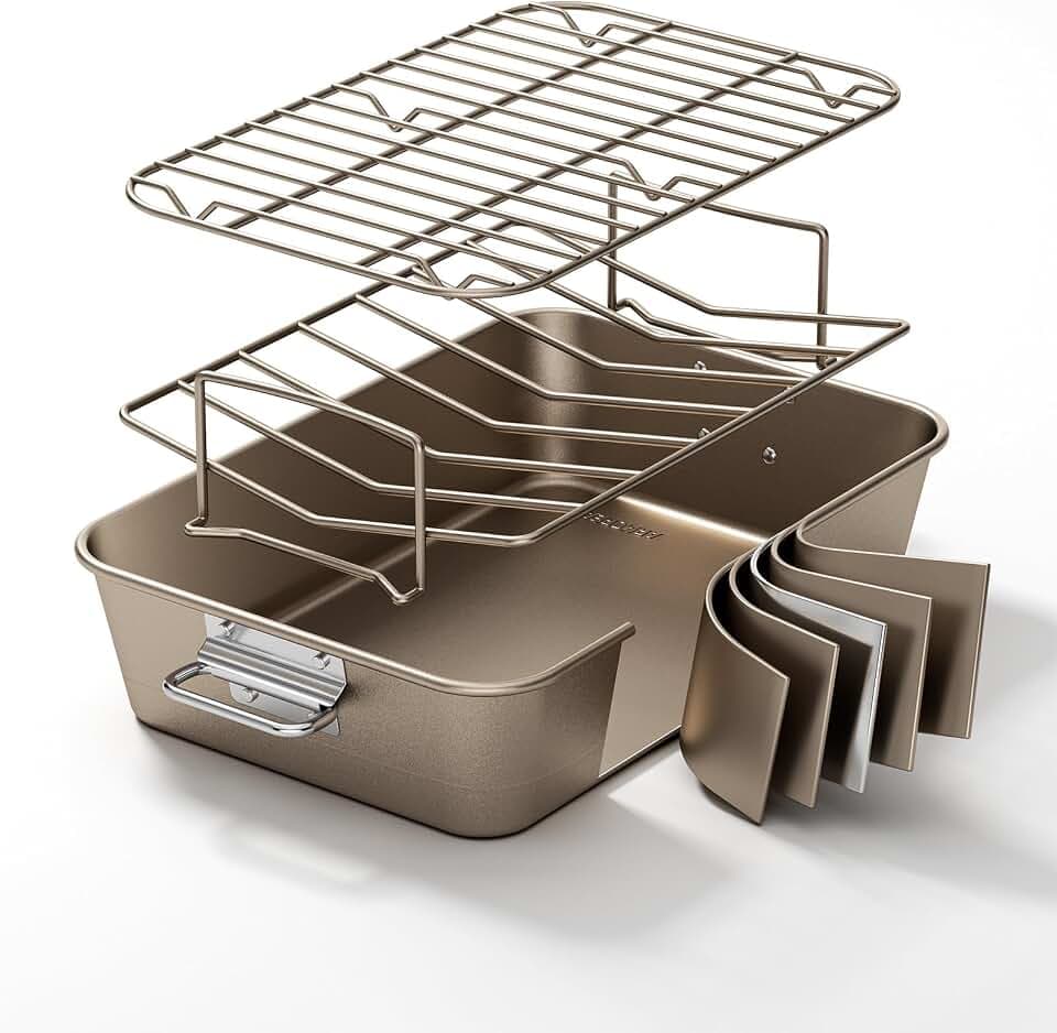Turkey Roasting Pan with Rack Non stick Carbon Steel Roaster 16x11 Inch, Dishwasher Safe, Deep Baking Broiler Pan for Oven Chicken, Bacon, Golden